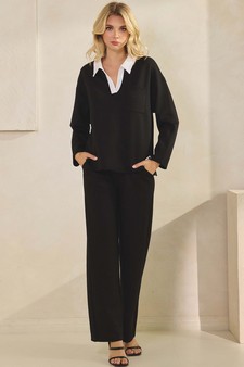 Women's Classic Collared Two-Tone Top and Wide-Leg Pants Set style 5