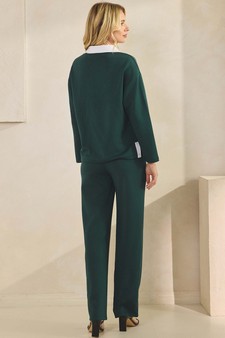 Women's Classic Collared Two-Tone Top and Wide-Leg Pants Set style 2