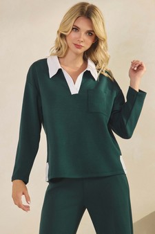 Women's Classic Collared Two-Tone Top and Wide-Leg Pants Set style 4