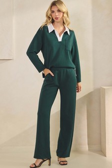 Women's Classic Collared Two-Tone Top and Wide-Leg Pants Set