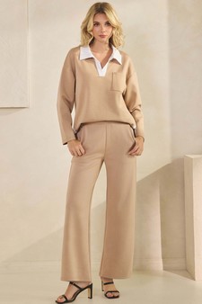 Women's Classic Collared Two-Tone Top and Wide-Leg Pants Set style 5