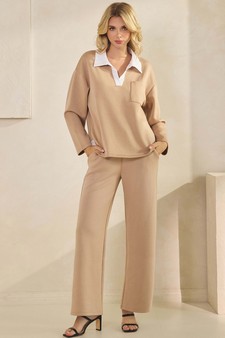 Women's Classic Collared Two-Tone Top and Wide-Leg Pants Set