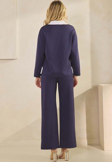 Women's Classic Collared Two-Tone Top and Wide-Leg Pants Set style 2
