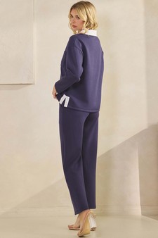 Women's Classic Collared Two-Tone Top and Wide-Leg Pants Set style 3