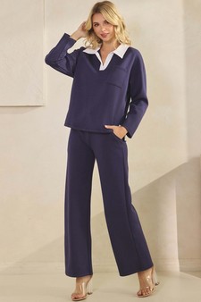Women's Classic Collared Two-Tone Top and Wide-Leg Pants Set