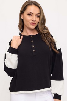 Women's Two Tone Ribbed Loose Fit Top with Buttons