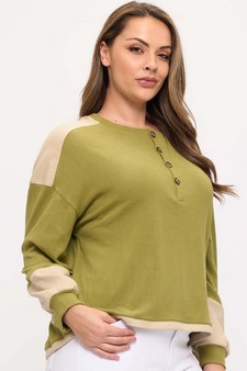 Women's Two Tone Ribbed Loose Fit Top with Buttons style 3