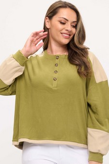 Women's Two Tone Ribbed Loose Fit Top with Buttons