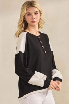 ETA 10/23/25 - Women's Two Tone Ribbed Loose Fit Top with Buttons style 3