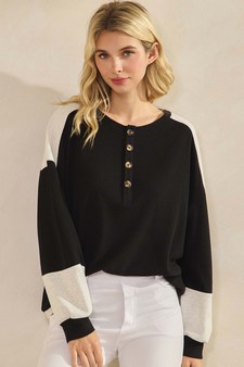 ETA 10/23/25 - Women's Two Tone Ribbed Loose Fit Top with Buttons style 4
