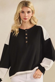 ETA 10/23/25 - Women's Two Tone Ribbed Loose Fit Top with Buttons