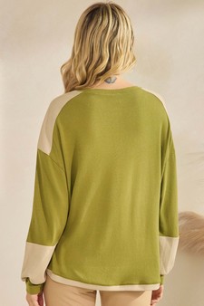 Women's Two Tone Ribbed Loose Fit Top with Buttons style 2