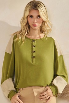 Women's Two Tone Ribbed Loose Fit Top with Buttons