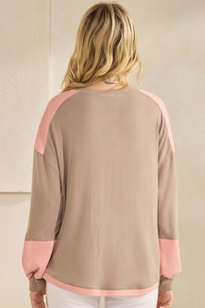 ETA 10/23/25 - Women's Two Tone Ribbed Loose Fit Top with Buttons style 2