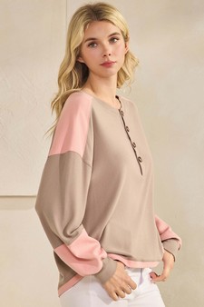 ETA 10/23/25 - Women's Two Tone Ribbed Loose Fit Top with Buttons style 3