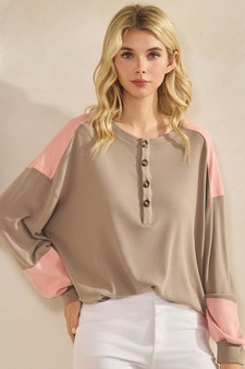 ETA 10/23/25 - Women's Two Tone Ribbed Loose Fit Top with Buttons style 4