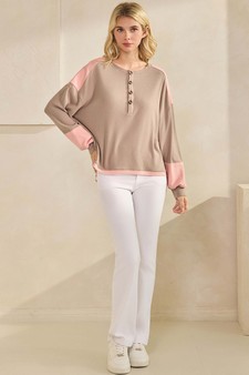 ETA 10/23/25 - Women's Two Tone Ribbed Loose Fit Top with Buttons style 5