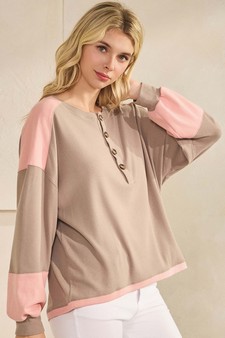 ETA 10/23/25 - Women's Two Tone Ribbed Loose Fit Top with Buttons
