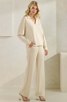 ETA 09/25/25 - Women's Elegant Collared UltraComfy V-Neck Top and Wide-Leg Pants Set style 3