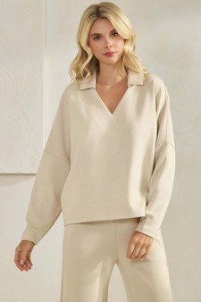 ETA 09/25/25 - Women's Elegant Collared UltraComfy V-Neck Top and Wide-Leg Pants Set style 4