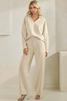 ETA 09/25/25 - Women's Elegant Collared UltraComfy V-Neck Top and Wide-Leg Pants Set