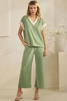 Corduroy Modal Short Sleeve Top and Cropped Pant Set
