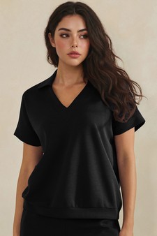 ETA 05/22/26 - Relaxed Collared V-Neck Thin Modal Scuba Short Sleeve Top