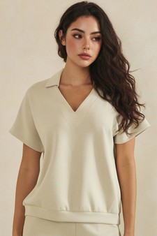 ETA 04/10/26 - Relaxed Collared V-Neck Thin Modal Scuba Short Sleeve Top