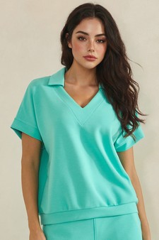 ETA 04/10/26 - Relaxed Collared V-Neck Thin Modal Scuba Short Sleeve Top