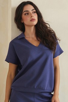ETA 04/10/26 - Relaxed Collared V-Neck Thin Modal Scuba Short Sleeve Top