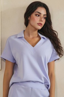 ETA 04/10/26 - Relaxed Collared V-Neck Thin Modal Scuba Short Sleeve Top style 4