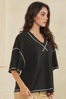 ETA 05/22/26 - Soft Cotton Relaxed V-Neck Top with Contrast Stitching style 3