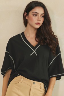 ETA 05/22/26 - Soft Cotton Relaxed V-Neck Top with Contrast Stitching style 4