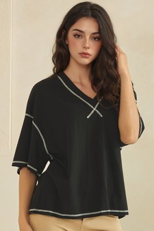 ETA 05/22/26 - Soft Cotton Relaxed V-Neck Top with Contrast Stitching