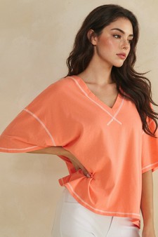 ETA 05/22/26 - Soft Cotton Relaxed V-Neck Top with Contrast Stitching style 3