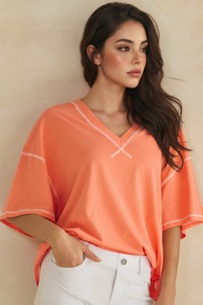 ETA 05/22/26 - Soft Cotton Relaxed V-Neck Top with Contrast Stitching style 4