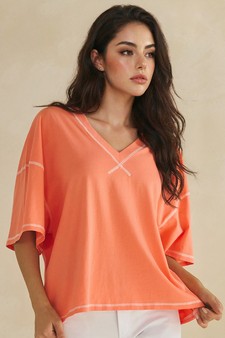 ETA 05/22/26 - Soft Cotton Relaxed V-Neck Top with Contrast Stitching