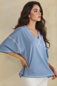 ETA 05/22/26 - Soft Cotton Relaxed V-Neck Top with Contrast Stitching style 3