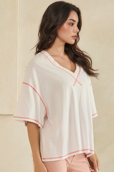 ETA 05/22/26 - Soft Cotton Relaxed V-Neck Top with Contrast Stitching style 3