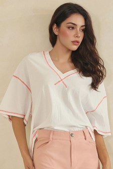 ETA 05/22/26 - Soft Cotton Relaxed V-Neck Top with Contrast Stitching style 4