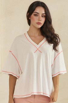 ETA 05/22/26 - Soft Cotton Relaxed V-Neck Top with Contrast Stitching
