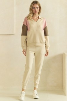 ETA 09/04/26 - UltraComfy Collared V-Neck Colorblock Pullover Top and Bottom Set style 5