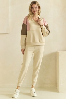 ETA 09/04/26 - UltraComfy Collared V-Neck Colorblock Pullover Top and Bottom Set
