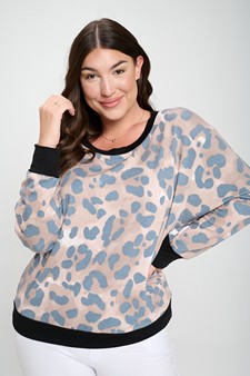 Women's Lightwash Leopard Print French Terry Long Sleeve Top