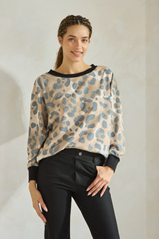 Women's Lightwash Leopard Print French Terry Long Sleeve Top