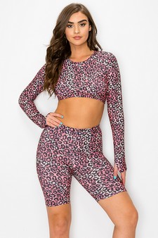 Women’s Casual Days Pink Leopard Print Biker Shorts Set