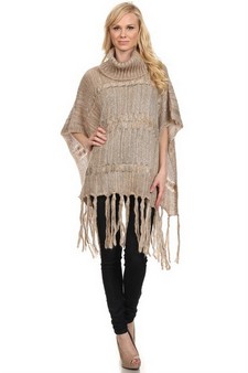 Women's Twist Knit Fringed Hem Poncho