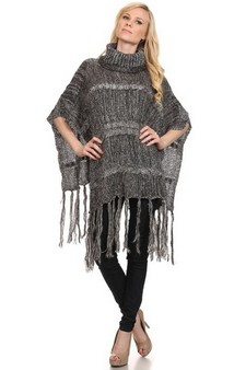 Women's Twist Knit Fringed Hem Poncho