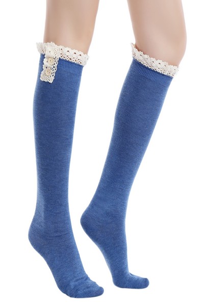 Solid Vintage style knee high sock with crochet lace - Wholesale ...