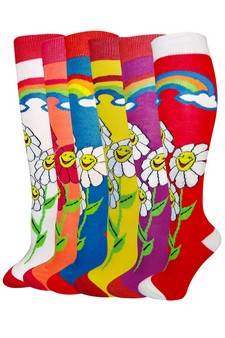 Smiling Daisy Rainbow Print Knee High Socks style 7